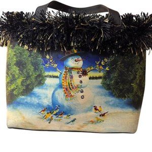 Festive Snowman Winter Handbag With Black Fringe & Dual Handles